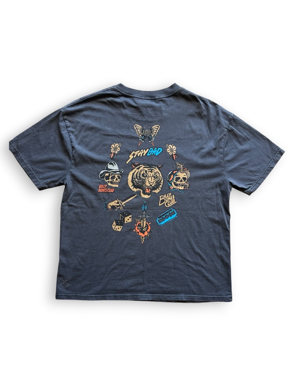 Traditional Tattoo Flash Art Graphic Tee | Washed Black | Skulls Tiger Dice - M